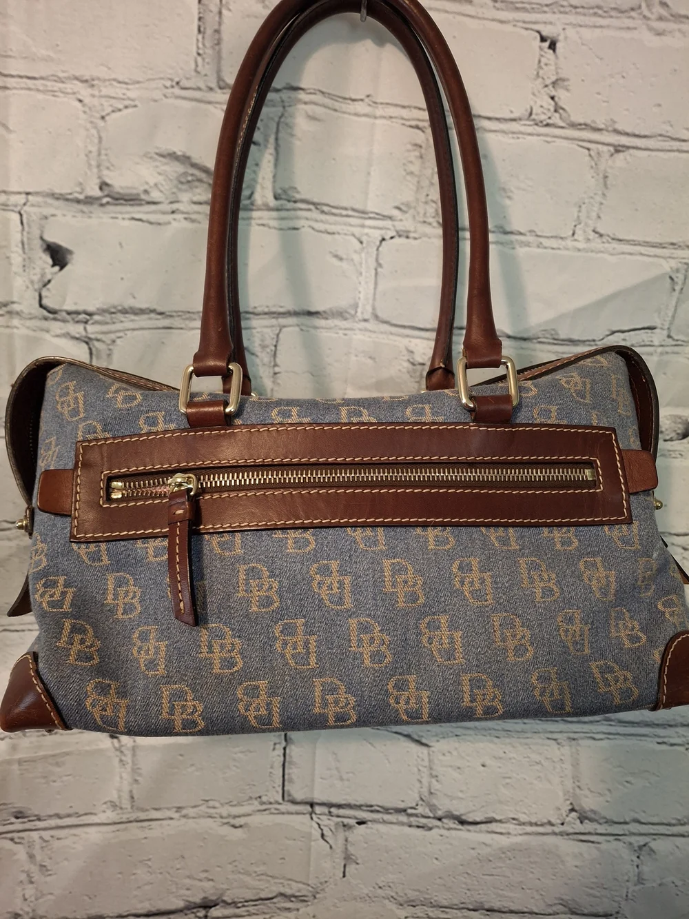 Dooney & Bourke Blue and Brown Logo Pocket Shoulder Bag